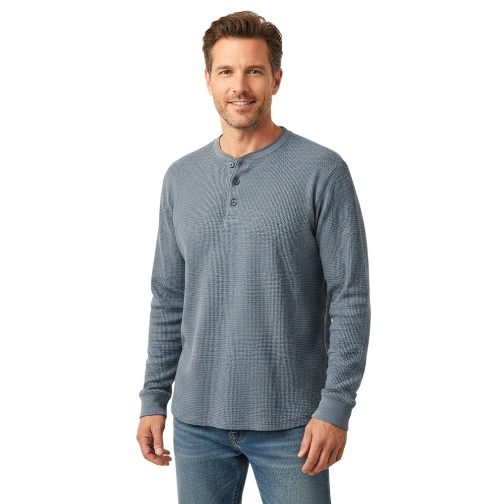 Waffle Knit Thermal Henley Large Tall 100% Cotton Blue Gray Eddie Bauer Outdoor